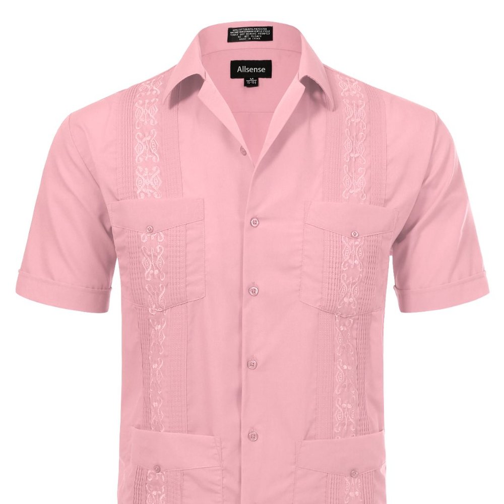 Men's Short Sleeve Cuban Guayabera Shirt Pink